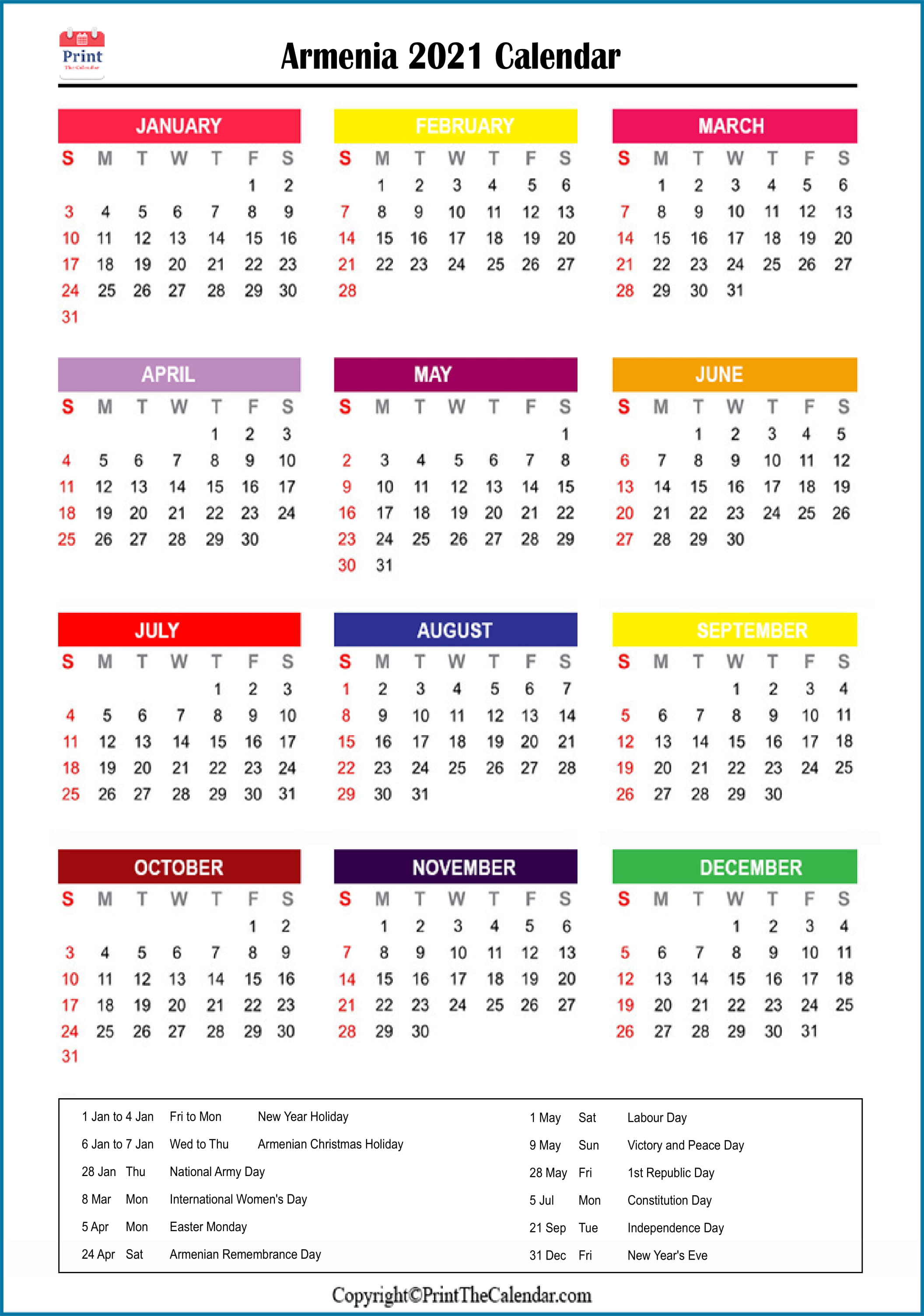 Armenia Printable Calendar 2021
